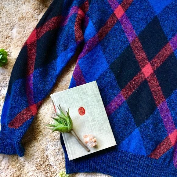 {Vintage} 100% Shetland Wool Plaid Grandpa Sweater - Picture 7 of 8